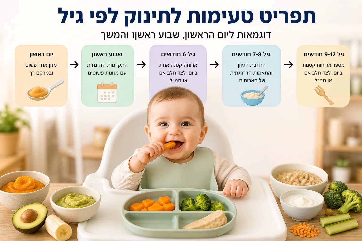תפריט טעימות לתינוק לפי גיל עם ירקות ופירות רכים מתאימים להתחלת מוצקים